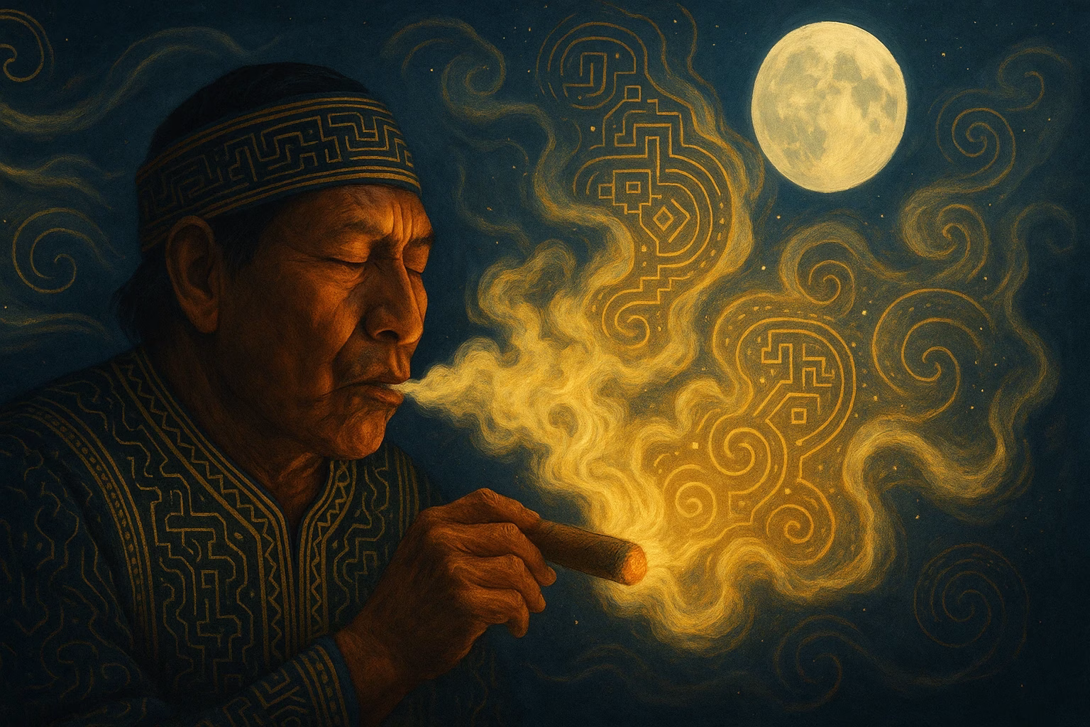 Shaman blowing Mapacho smoke under a moonlit sky